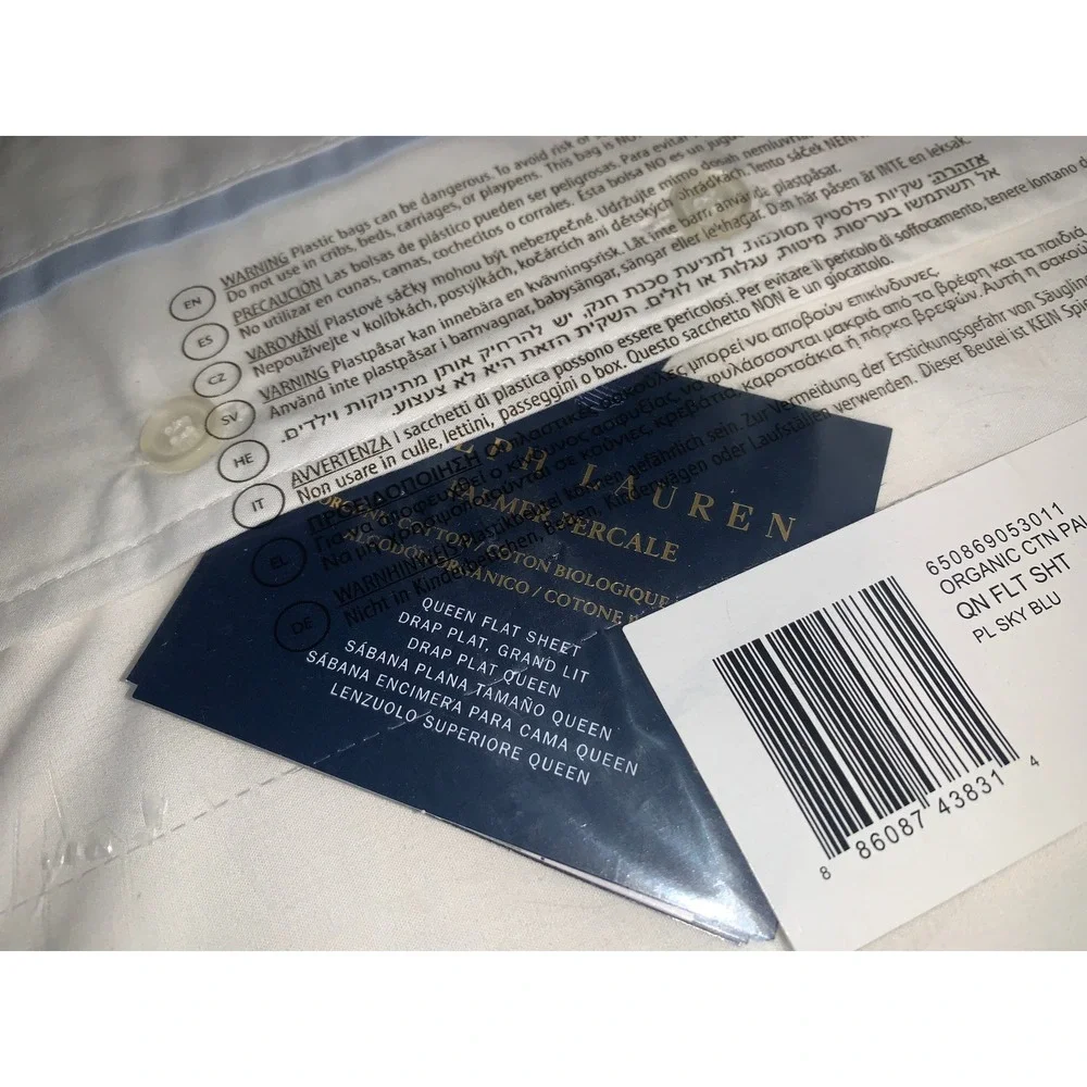 Ralph Lauren Organic Cotton Palmer Queen White w/Sky Blue Flat Sheet ONLY